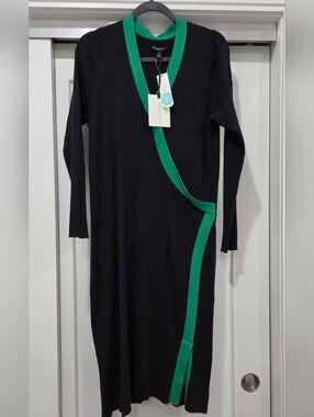 41 Hawthorn Black Ribbed Long Sleeve Dress with Green Trim